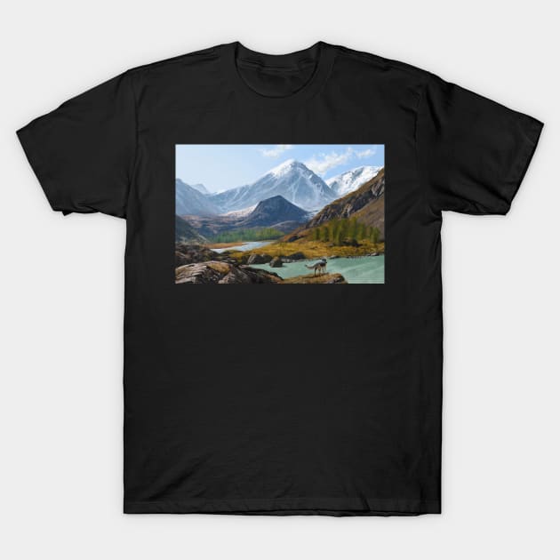 Mountain and wolf T-Shirt by Alexgle